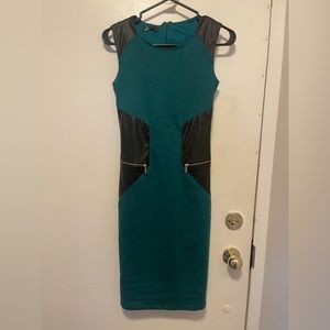 Green leather mid length dress